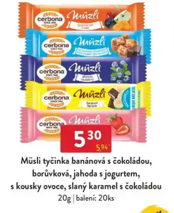 Qanto Müsli tyčinka banánová s čokoládou, borůvková, jahoda s jogurtem, s kousky ovoce, slaný karamel s čokoládou nabídka
