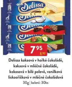 Qanto Delissa kakaová v hořké čokoládě, kakaová v mléčné čokoládě, kokosová v bílé polevě, vanilková nabídka