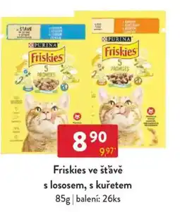 Qanto Friskies ve šťávě s lososem, s kuřetem nabídka