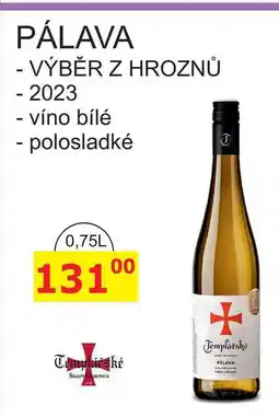 BENE Nápoje Templářské sklepy 0,75l PÁLAVA 2023, víno bílé - polosladké nabídka