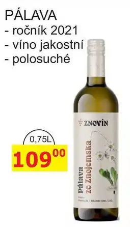 BENE Nápoje ZNOVÍN ZNOJMO PÁLAVA - ročník 2021 - víno jakostní - polosuché 0,75L nabídka