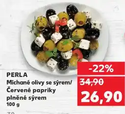 Kaufland PERLA Míchané olivy se sýrem/ Červené papriky plněné sýrem nabídka