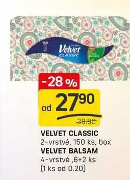 Flop VELVET CLASSIC 2-vrstvé, 150 ks, box VELVET BALSAM 4-vrstvé,6+2 ks nabídka