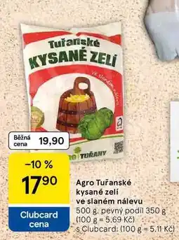 Tesco Agro Tuřanské kysané zelí ve slaném nálevu, 500 g. pevný podíl 350 g nabídka