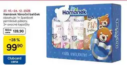 Tesco Hamánek Vánoční balíček, obsahuje: 1x špaldové perníkové piškoty. 3x ovocné kapsičky nabídka