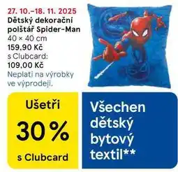 Tesco Dětský dekorační polštář Spider-Man, 40 x 40 cm nabídka