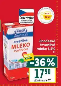 Billa Jihočeské trvanlivé mléko 3,5% 1l nabídka