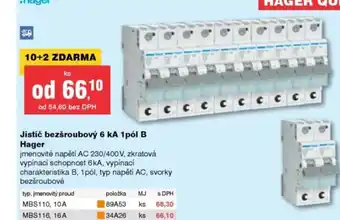 DEK Jistič bezšroubový 6 kA 1pól B Hager nabídka