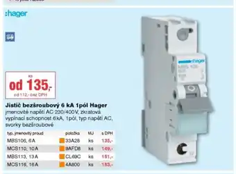DEK Hager jistič bezšroubový 6 ka 1pól hager nabídka