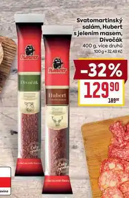 Billa Svatomartinský salám, Hubert s jelením masem, Divočák 400 g nabídka