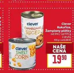 Billa Clever Kukuřice, žampiony plátky od 314/ od 170 g nabídka