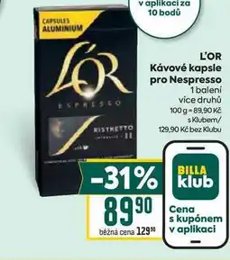 Billa L'OR Kávové kapsle pro Nespresso 1 balení nabídka