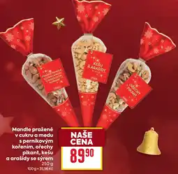 Billa Mandle pražené v cukru a medu s perníkovým kořením, ořechy pikant, kešu a arašídy se sýrem nabídka