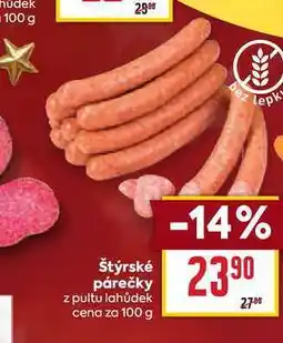 Billa Štýrské párečky z pultu lahůdek cena za 100g nabídka
