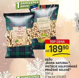 Flop KEŠU JÁDRA NATURAL, PISTÁCIE KALIFORNSKÉ PRAŽENÉ SOLENÉ 500 g nabídka