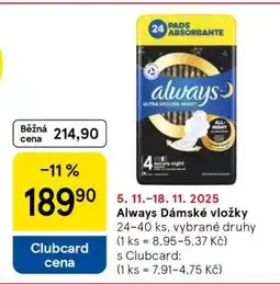 Tesco Always Dámské vložky nabídka