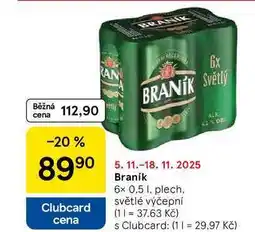 Tesco Braník, 6x 0.5 l, plech. světlé výčepní nabídka