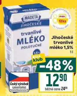 Billa Jihočeské trvanlivé mléko 1,5% 1l nabídka