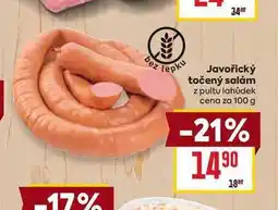 Billa Javořický točený salám z pultu lahůdek cena za 100 g nabídka