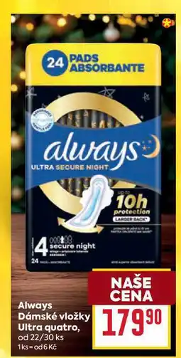 Billa Always Dámské vložky Ultra quatro od 22/30 ks nabídka