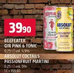 Terno BEEFEATER GIN PINK & TONIC, ABSOLUT COCTAILS PASSIONFRUIT MARTINI 0,25 l nabídka