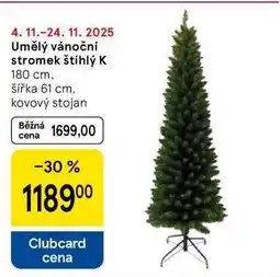 Tesco Umělý vánoční stromek štíhlý K 180 cm. šířka 61 cm. kovový stojan nabídka