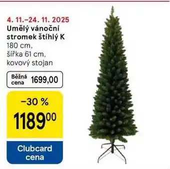 Tesco Umělý vánoční stromek štíhlý K 180 cm. šířka 61 cm. kovový stojan nabídka