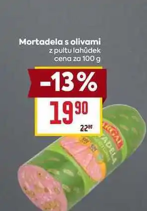 Billa Mortadela s olivami z pultu lahůdek cena za 100 g nabídka