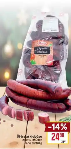 Billa klobasa Štýrská klobása z pultu lahůdek cena za 100 g nabídka