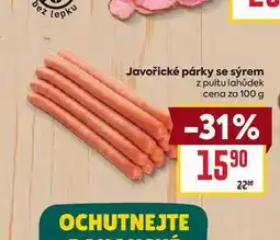 Billa Javořické párky se sýrem z pultu lahůdek cena za 100 g nabídka