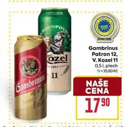 Billa Gambrinus Patron 12, V. Kozel 11 0,5 1, plech nabídka