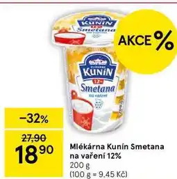 Tesco Mlékárna Kunín Smetana na vaření 12%, 200 g nabídka