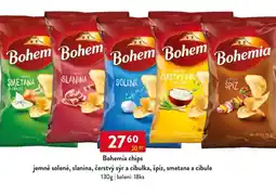 Qanto Bohemia chips jemně solené, slanina, čerstvý sýr a cibulka, špíz, smetana a cibule nabídka