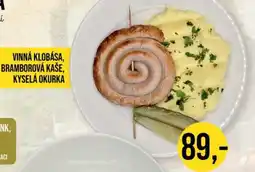 Jip Vinná klobása, bramborová kaše, kyselá okurka nabídka