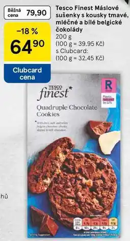 Tesco Tesco Finest Máslové sušenky s kousky tmavé, mléčné a bílé belgické čokolády, 200 g nabídka