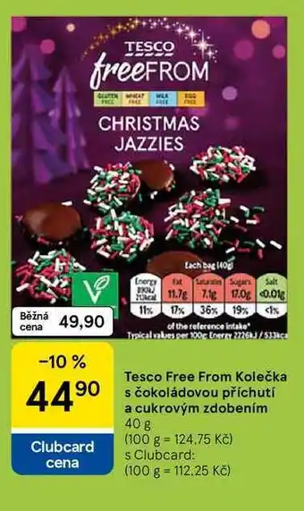 Tesco Free From Kolečka s čokoládovou příchutí a cukrovým zdobením, 40 g