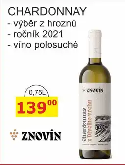 BENE Nápoje ZNOVÍN ZNOJMO CHARDONNAY ročník 2021 - víno polosuché 0,75L nabídka