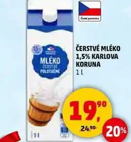 Penny Market ČERSTVÉ MLÉKO 1,5% KARLOVA KORUNA, 1 l nabídka