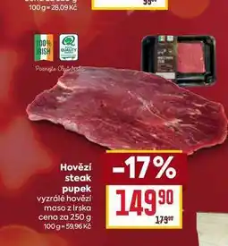 Billa Hovězí steak pupek vyzrálé hovězí maso z Irska cena za 250 g nabídka