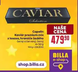 Billa Capelin Kaviár premium mix z lososa, hranáče šedého černý a červený, černý 4×50 g nabídka