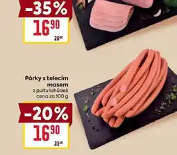 Billa Párky s telecím masem z pultu lahůdek cena za 100g nabídka