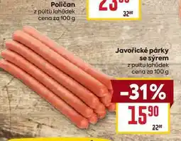 Billa Javořické párky se sýrem z pultu lahůdek cena za 100g nabídka
