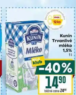 Billa Kunín Trvanlivé Mléko mléko 1,5% 1l nabídka