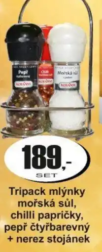 Adam Kotanyi Tripack mlýnky mořská sůl, chilli papričky, pepř čtyřbarevný + nerez stojánek nabídka