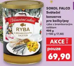Kaufland SOKOL FALCO Sváteční konzerva pro kočky/psy ryba s bramborovým salátem nabídka