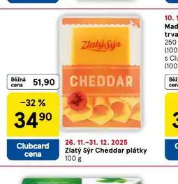 Tesco Zlatý sýr cheddar plátky nabídka