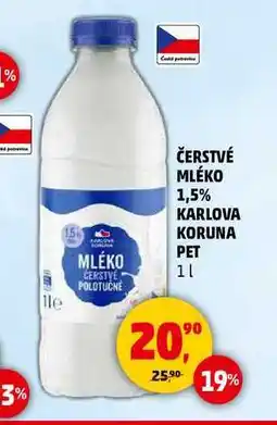 Penny Market ČERSTVÉ MLÉKO 1,5% KARLOVA KORUNA PET, 1 l nabídka