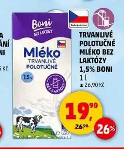 Penny Market TRVANLIVÉ POLOTUČNÉ MLÉKO BEZ LAKTÓZY 1,5% BONI, 1 l nabídka
