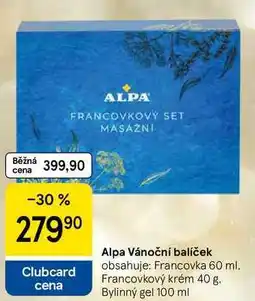 Tesco Alpa Vánoční balíček obsahuje: Francovka 60 ml. Francovkový krém 40 g. Bylinný gel 100 ml nabídka