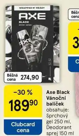Tesco Axe Black Vánoční baliček, obsahuje: Sprchový Clubcard gel 250 ml, Deodorant cena sprej 150 ml nabídka